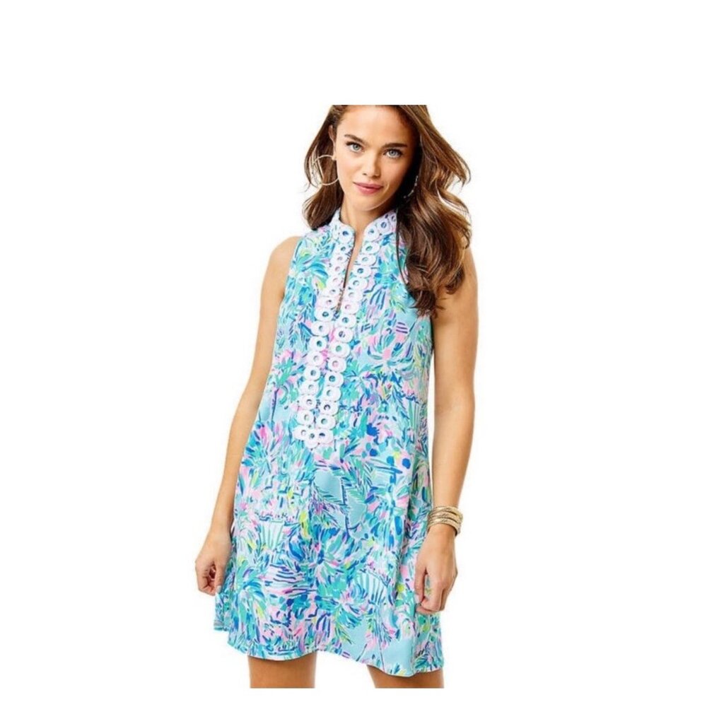 Lilly Pulitzer Jane Shift Dress Aqua La Vista Front Zip Bright Colorful Size 00